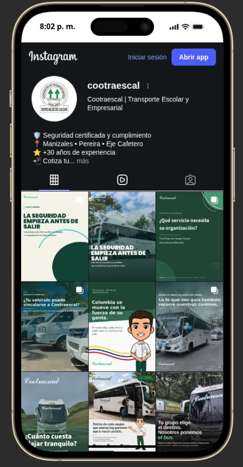 Perfil público de Instagram de Cootraescal con piezas de presencia digital