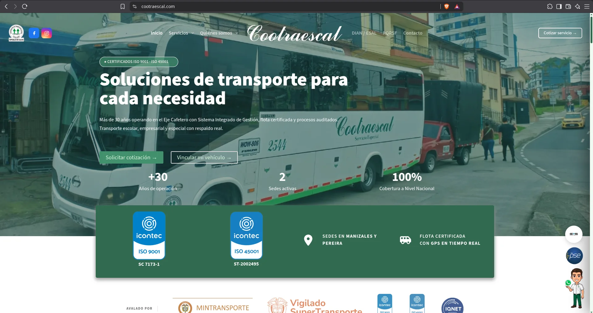 Vista de escritorio del sitio público de Cootraescal