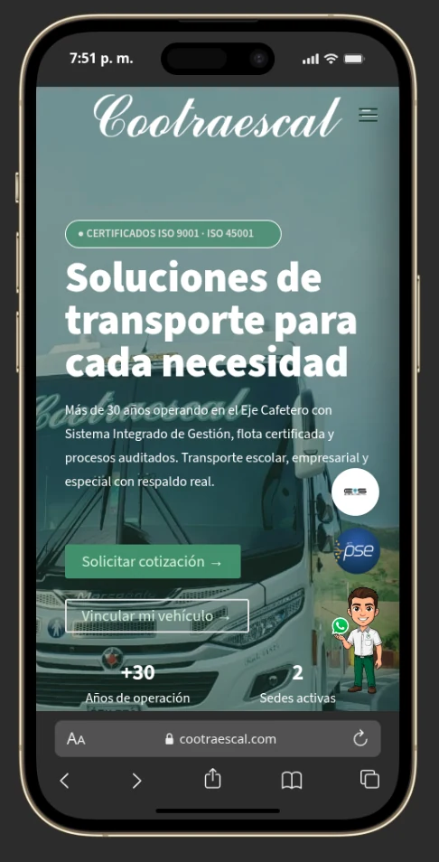 Vista móvil del sitio público de Cootraescal dentro de un teléfono